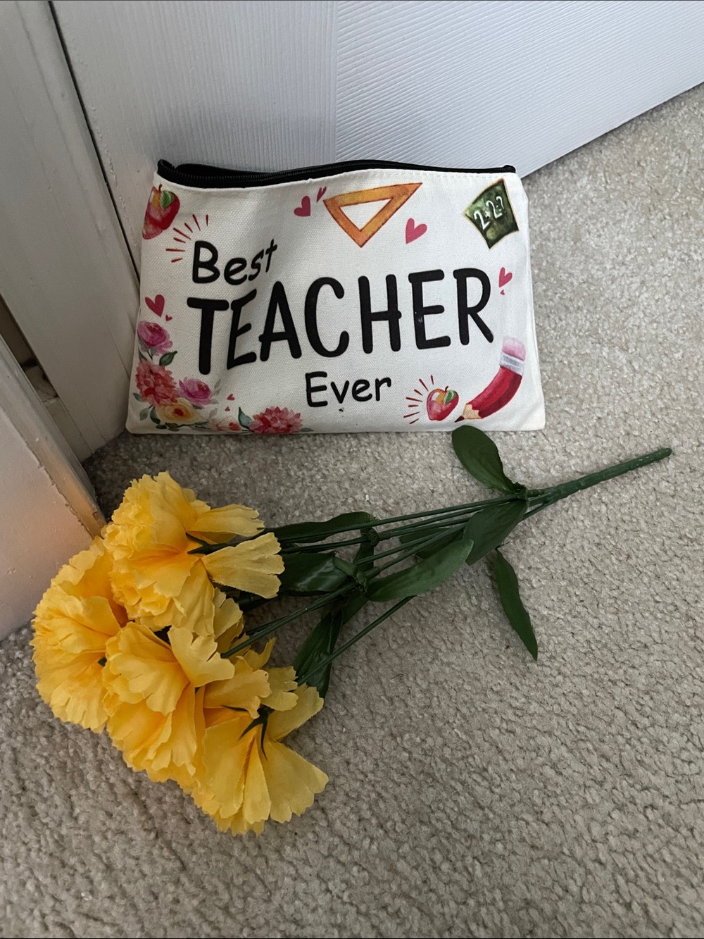 Best Teacher Ever Canvas Zipper Pouch - White with Pink & Yellow Accents